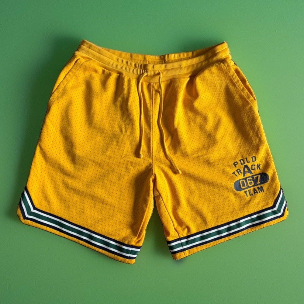 Polo Ralph Lauren Large Track Team 076 Basketball Shorts Yellow Green‎ 8" Gym